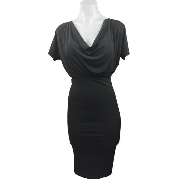 Asos Black V-Neck Cowl Short Sleeve Stretch Pull Over Bodycon Midi Dress Size 2 - Picture 1 of 4